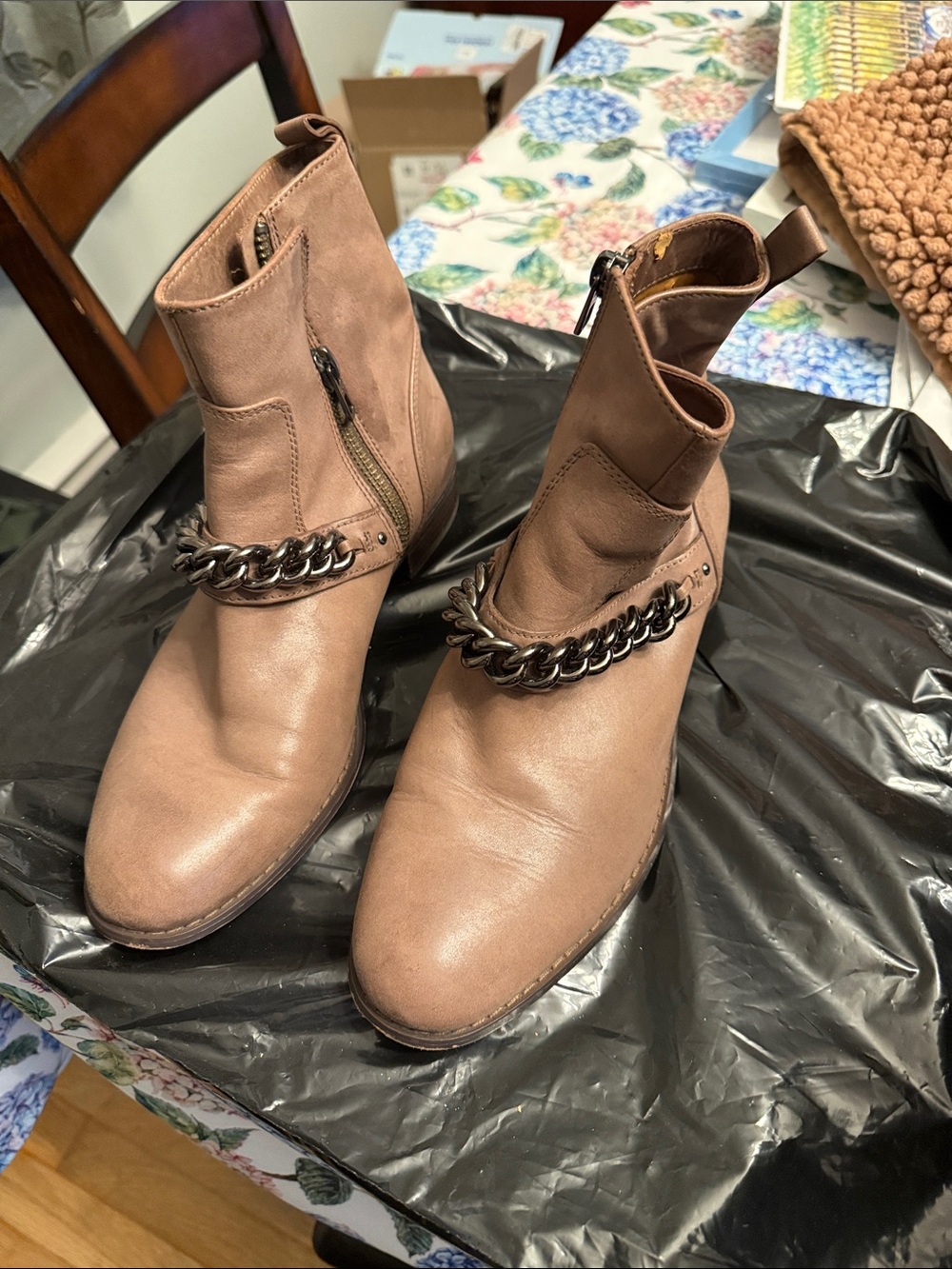 Coach Taupe Leather Ankle Boots with Gunmetal Chain